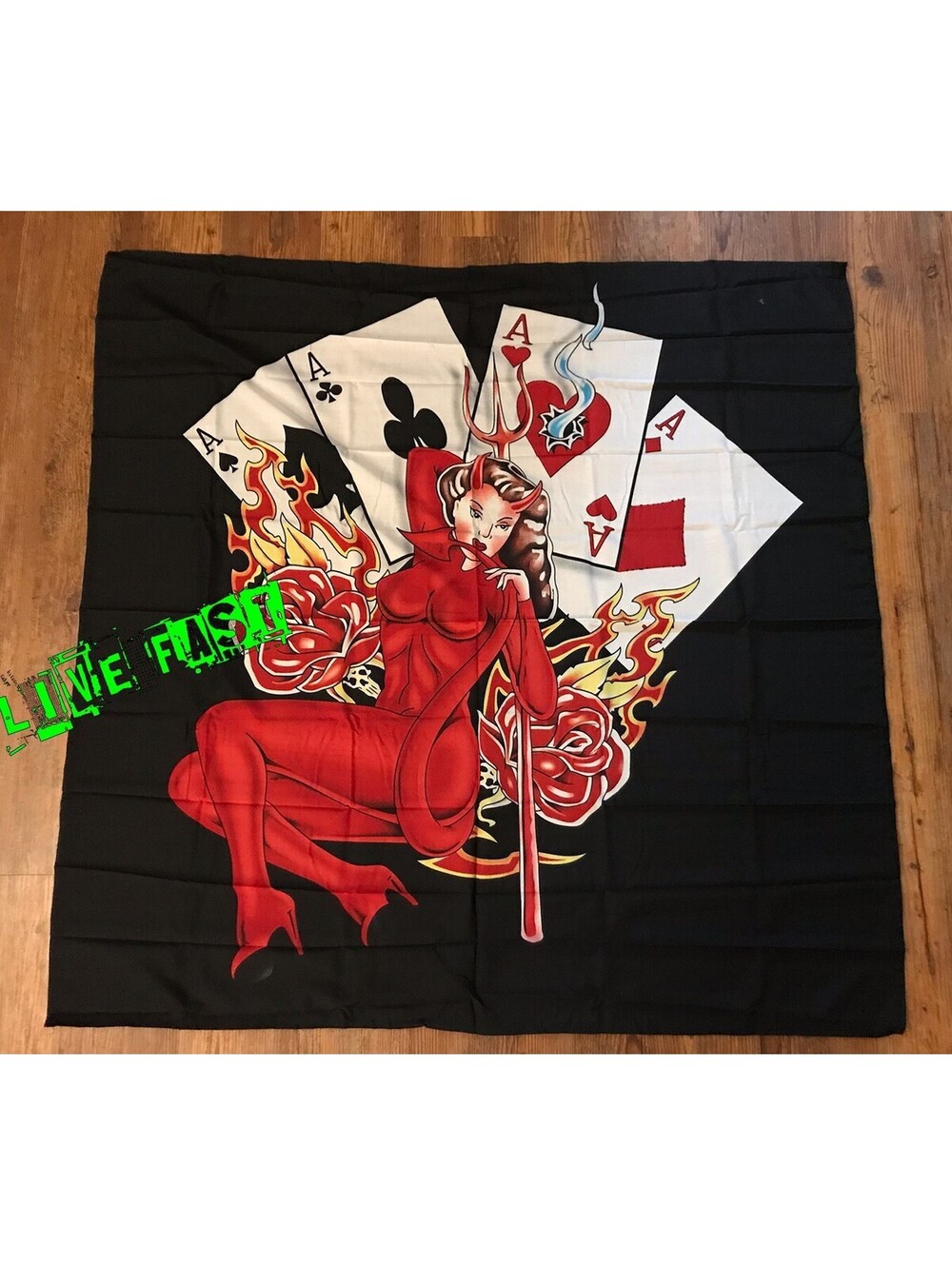 DEVIL GIRL & 4 ACES TAPESTRY FLAG WALL BANNER ART gambler gambling tattoo art